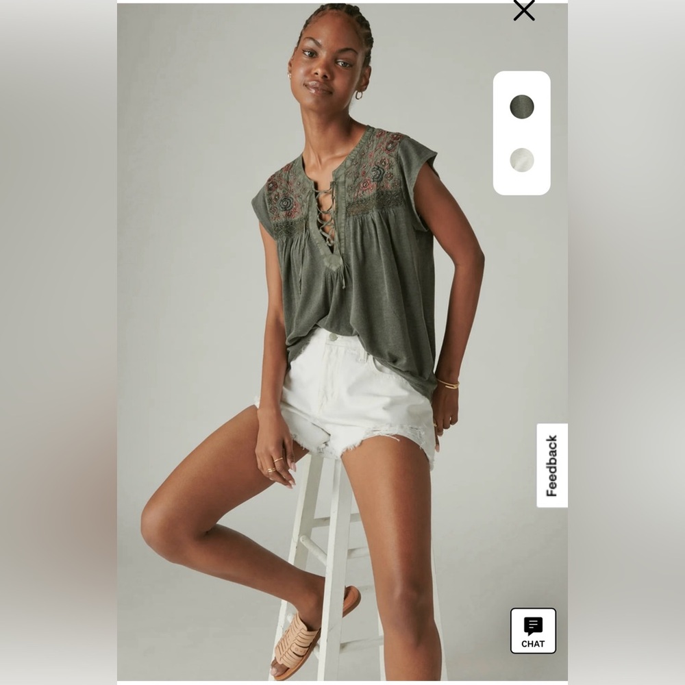 Lucky Brand: Embroidered Lace-Up Green Top NWT